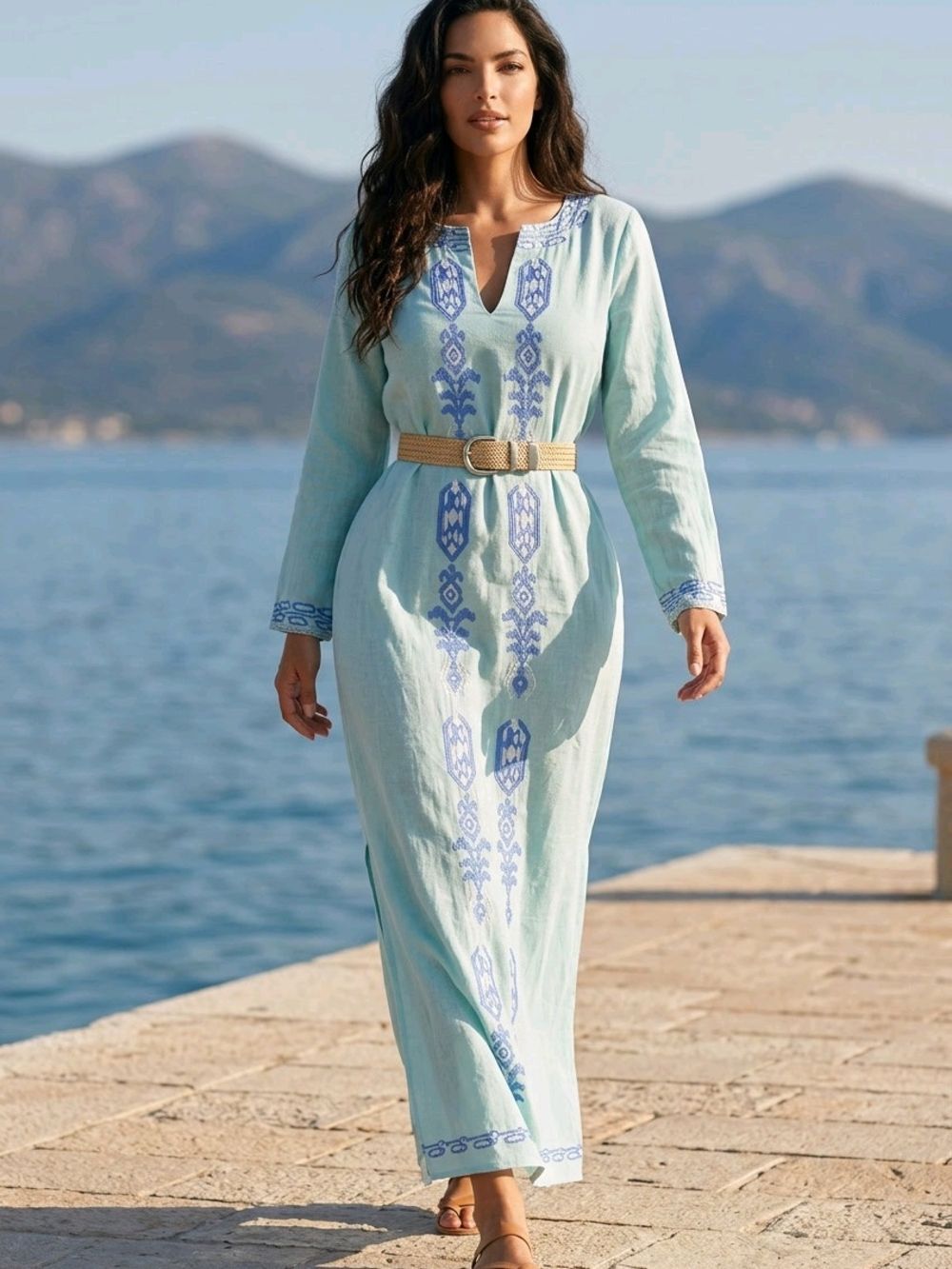 Sail to Sable Mint Embroidered Caftan Maxi Dress Sz S